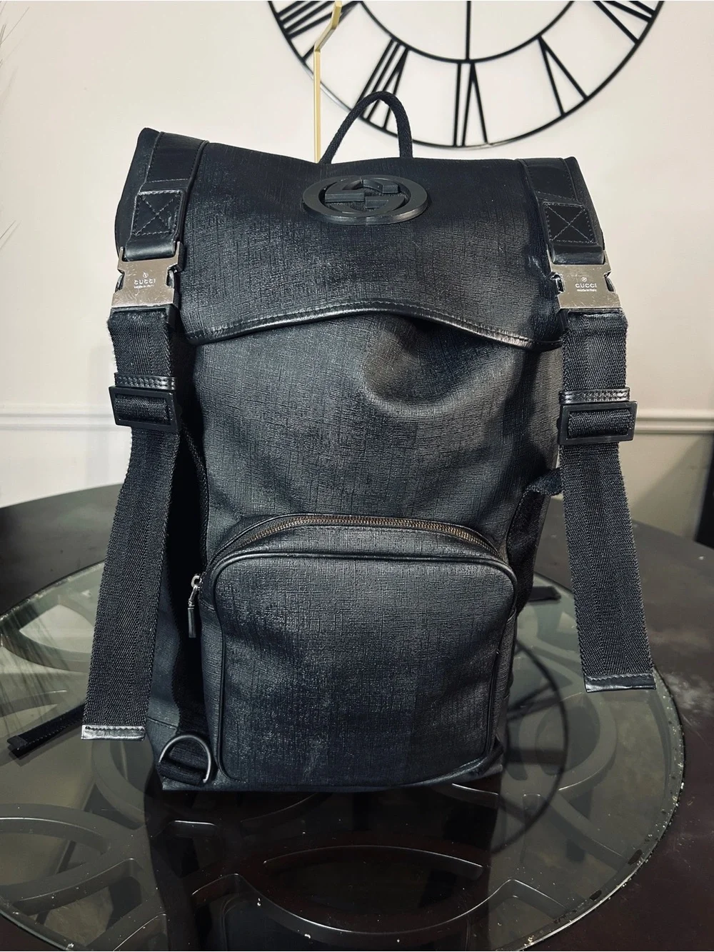 Gucci Interlocking G Backpack Black Coated Canvas Large Travel Bag 246321